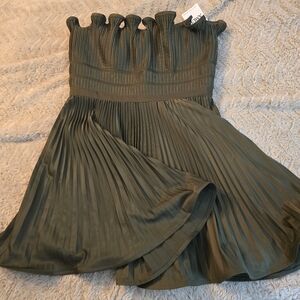 Zara Olive Green Pleated Strapless Dress
